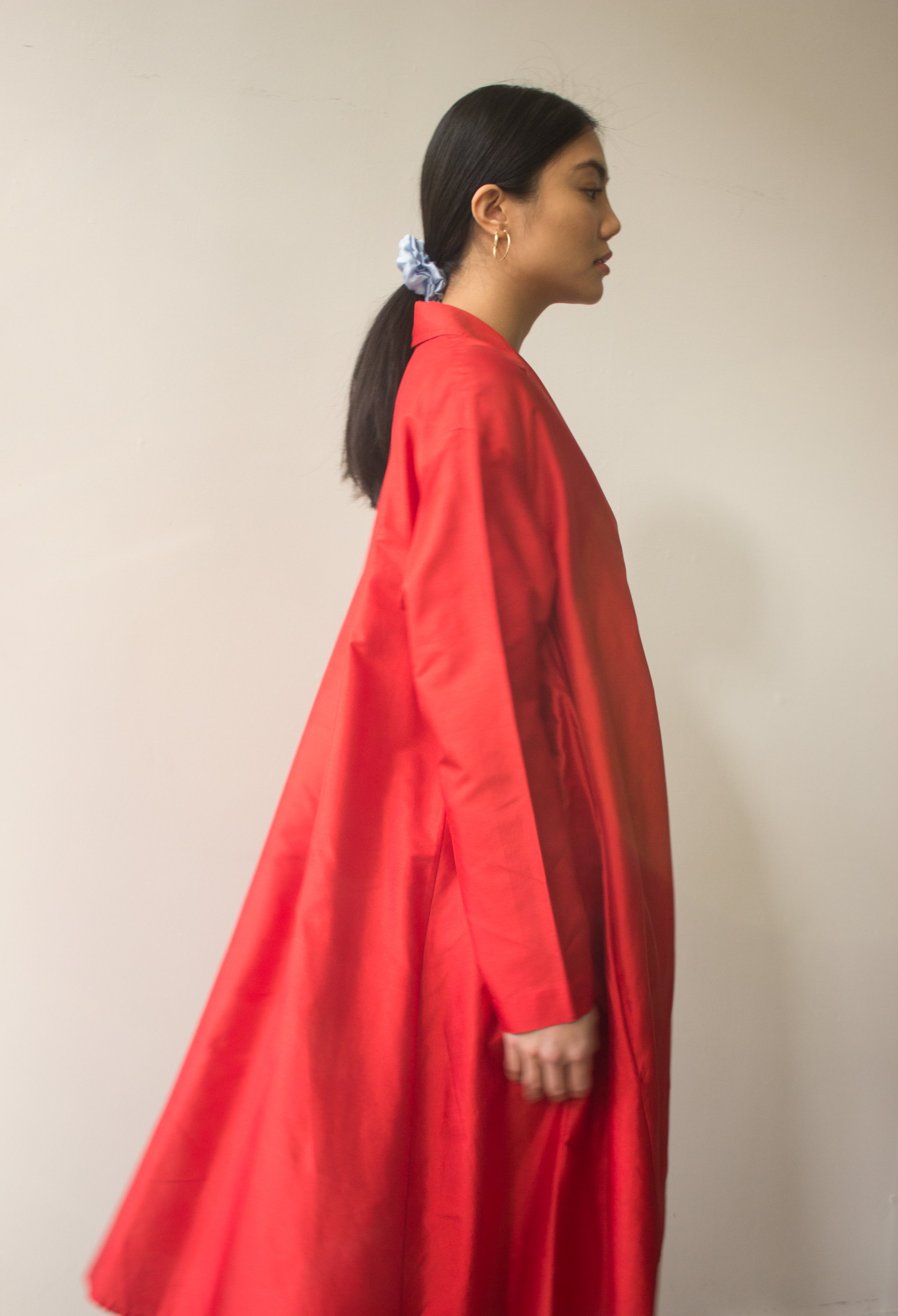 1990s Donna Karan Red Silk Trapeze Coat Dress Wayward Collection